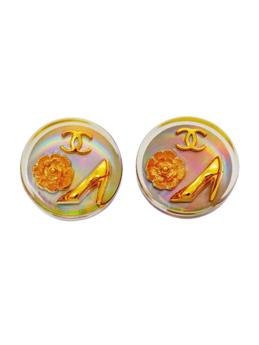 Chanel Earrings Vintage CC Logo Camellia Round Circle High Heels Motif Gold